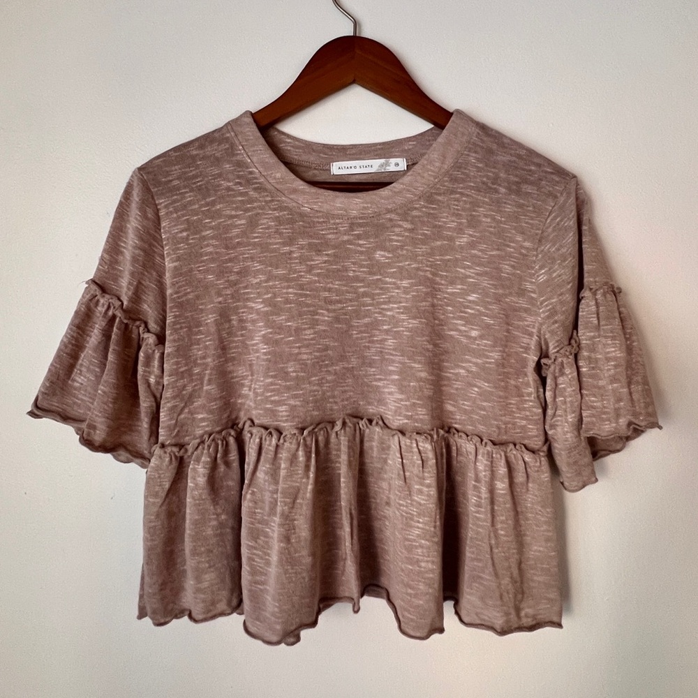Altar'd State Ruffle Sleeve Blouse in Taupe